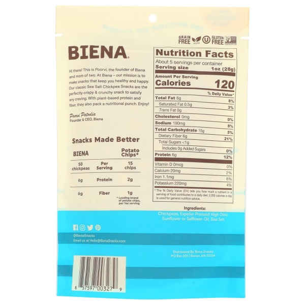 BIENA: Chickpea Snacks Sea Salt, 5 oz - Image 3