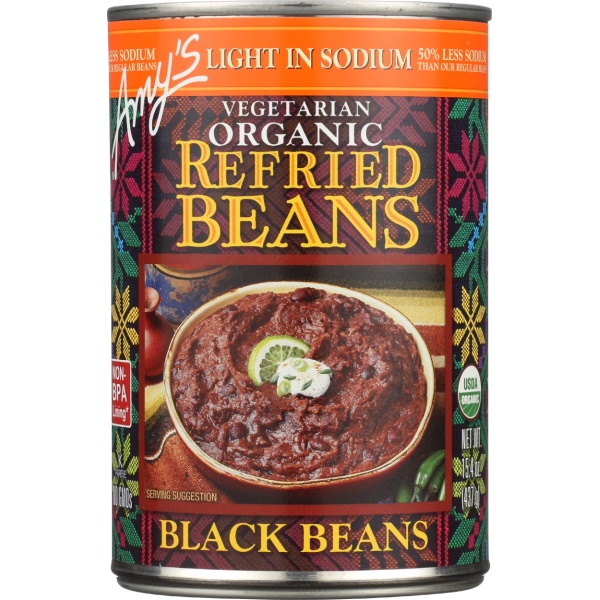 AMYS: Organic Vegetarian Refried Black Beans Light in Sodium, 15.4 oz