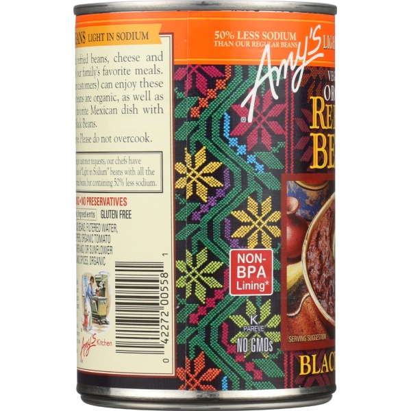 AMYS: Organic Vegetarian Refried Black Beans Light in Sodium, 15.4 oz - Image 2