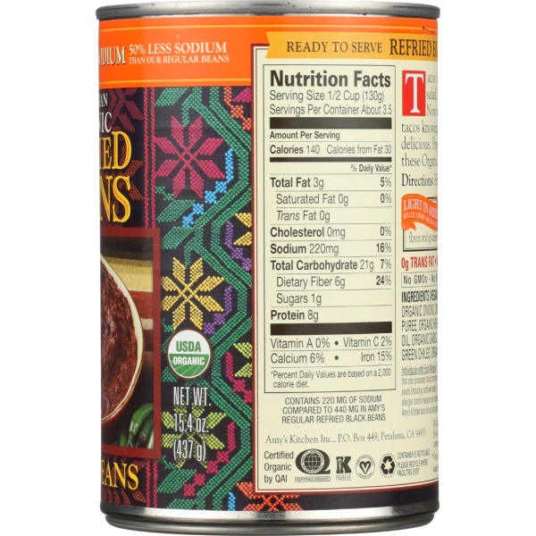 AMYS: Organic Vegetarian Refried Black Beans Light in Sodium, 15.4 oz - Image 3