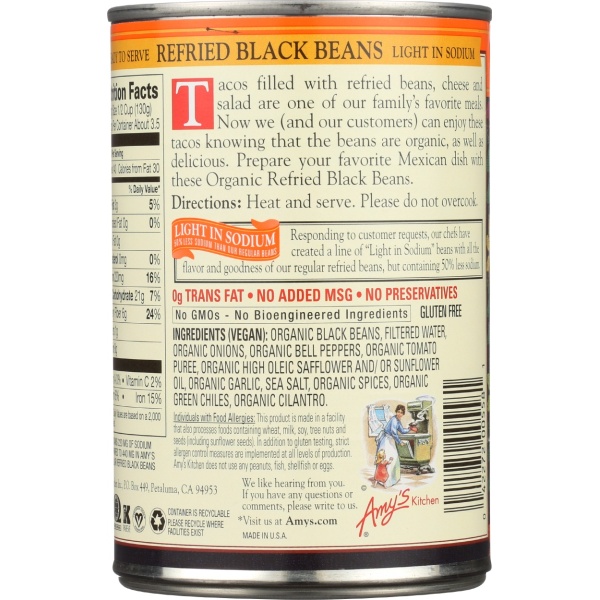 AMYS: Organic Vegetarian Refried Black Beans Light in Sodium, 15.4 oz - Image 4